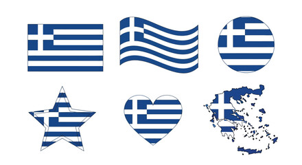 Obraz premium Set of greece flag in different shapes greek national symbol in star, circle, heart and map shape vector illustration