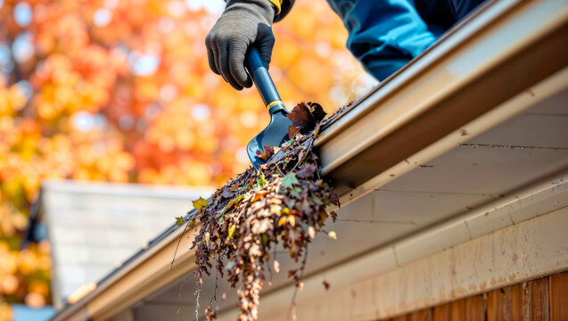 Gloved hand cleaning autumn leaves from house gutter with a scoop tool. - Powered by Adobe