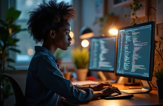 Focused afro american woman works on computer in modern office. Young freelancer girl codes at night. Female programmer develops new app using software. Tech expert types code on keyboard.