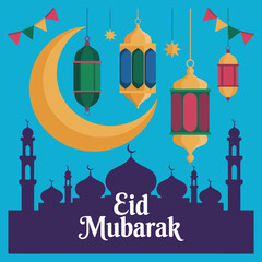 Flat colorful vector illustration of Eid Mubarak celebration, crescent moon, lanterns, mosque silhouette, festive decoration, clean style, no gradient, vector-friendly design