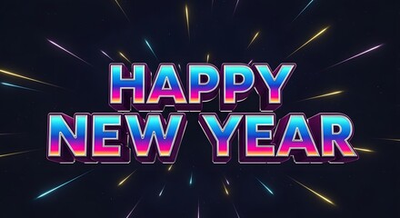 Happy new year text illustration with dynamic light streaks on dark background