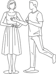 Fashion flat sketch of man and woman standing together, couple outfit drawing, clothing design template, vector illustration for designers