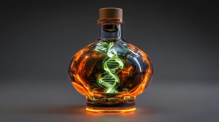 Glass bottle with glowing DNA helix design representing science, genetics, biotechnology, and innovation concept