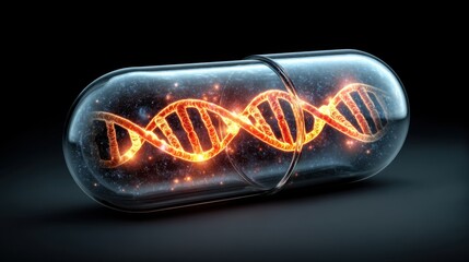 Futuristic capsule containing glowing DNA strand, symbolizing advanced medicine and biotechnology innovations