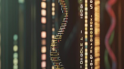 Vertical DNA helix surrounded by glowing data lines AI generated - Powered by Adobe