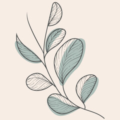 Elegant vector Line Art Botanical Branch with Shaded Leaves