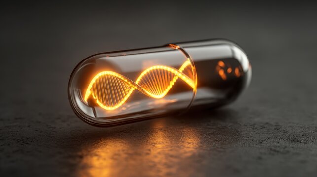 Transparent pill capsule with glowing orange DNA helix design on dark background representing innovation and science