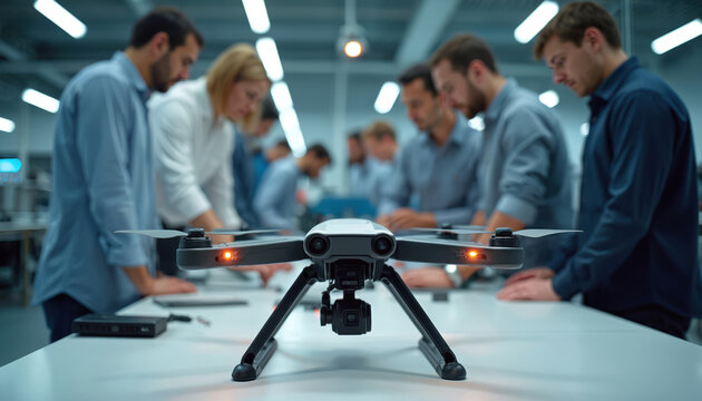 Engineers test drone rotors and cameras in a modern lab. Diverse team collaborates on aviation project using laptops and tech gadgets. Innovation fuels future transport and industry growth.