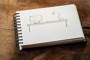 hand-painted sketch with Computer, mouse and lamp on desk, business concept