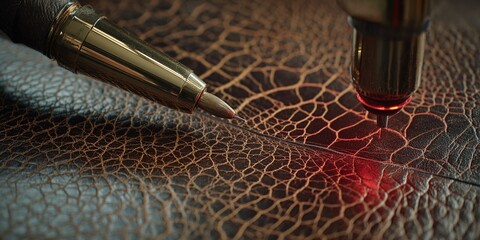 Detailed process of leather marking with a precision tool in a workshop setting during afternoon hours