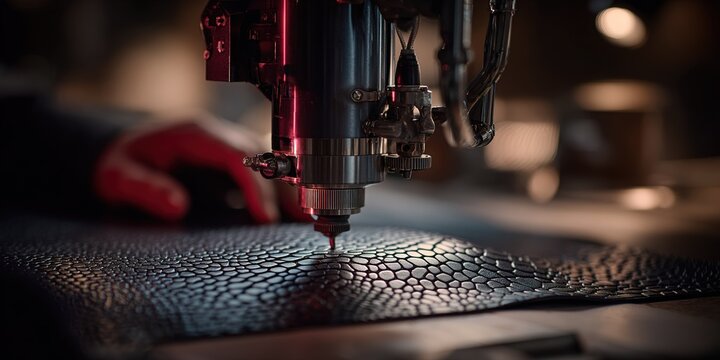 Leather crafting process in a workshop with a close-up of a sewing machine and textured material