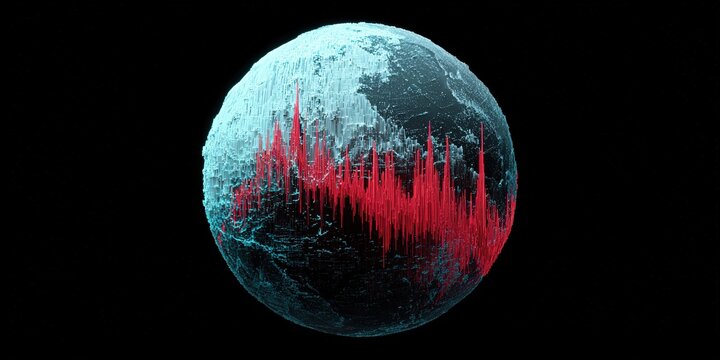 Visual representation of sound waves surrounding a digital globe in a creative art display