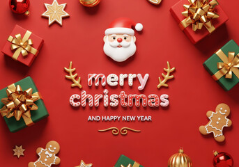 3D render of a cute Santa face, holiday text, gift boxes, gingerbread men, and ornaments on a vibrant red background.