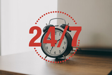 24/7 service concept featuring a vintage alarm clock with red numbers and a dotted circle symbolizing roundtheclock availability and time management for business and customer support needs