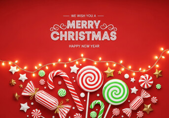 A festive red background with a "Merry Christmas Happy New Year" greeting, adorned with string lights and various colorful candies.