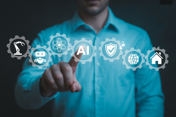 Man interacts with a digital interface displaying AI robotics security and global network icons representing technology innovation and automation in a modern business context for future growth