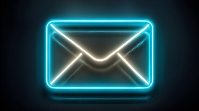 Glowing envelope icon shines brightly with neon blue and white illumination on a dark background