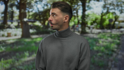 Man with pursed lips looks sideways amidst sunlit trees and green foliage casting dappled shadows in forest; curiosity.