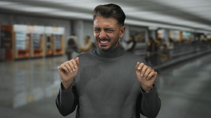 Man wearing grey turtleneck grimacing with raised hands near moving walkway at airport terminal;...