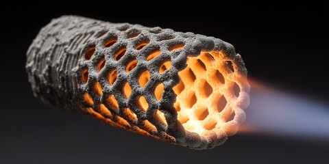 Advanced metal mesh structure emitting flames during a demonstration of innovative combustion technology in a lab setting