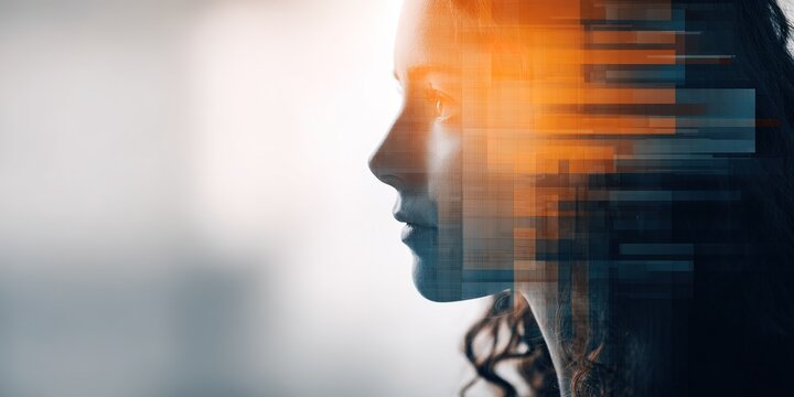 Profile of a woman with abstract digital overlay in a modern setting