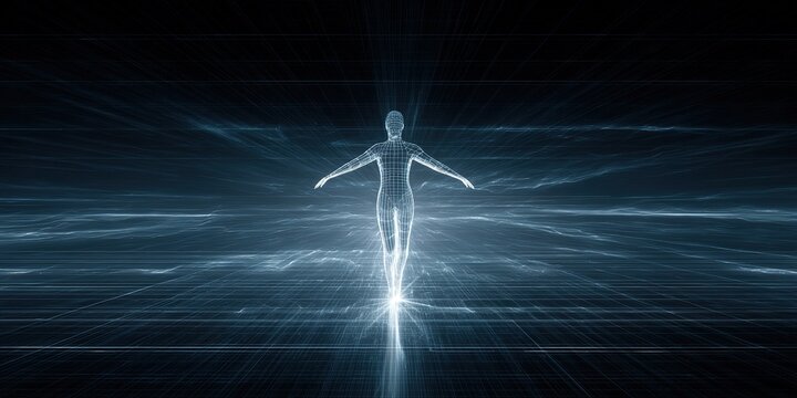 Digital human figure walking through a futuristic virtual landscape with glowing lines and particles