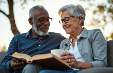 Elderly couple reads book outdoors. Black man and white woman share a story with coffee. They look happy and relaxed together outside in nature.