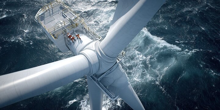 Workers conducting maintenance on a large offshore wind turbine in the ocean during clear weather