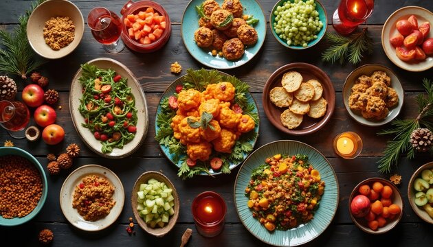 Festive table setting with plant based dishes. Holiday feast served with vegan cuisine. Healthy fresh food prepared for dinner or lunch. Organic meal with colourful veggies and fruits.