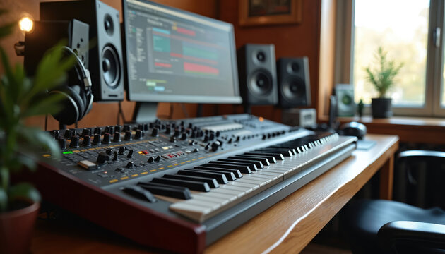 Electronic music studio setup with keyboard synthesizer audio interface and studio monitors on desk. Computer screen displays digital audio workstation software for sound mixing and music creation. - Powered by Adobe
