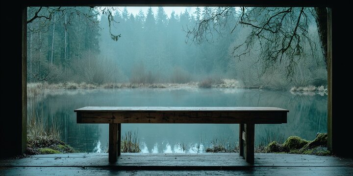 Scenic view of a tranquil pond and wooden bench surrounded by misty trees at dawn