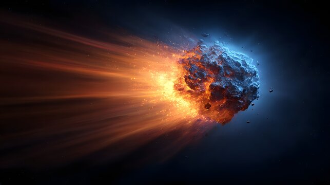 Fiery celestial body streaks across the deep dark void with intense light trails