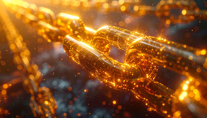 Digital Chain of Trust: A mesmerizing visual of a glowing, golden chain, representing the interconnectedness and security of the digital world. It symbolizes blockchain technology and data integrity.