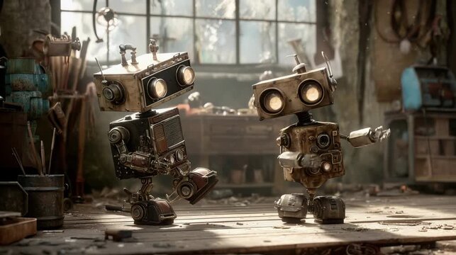 Dos peque&ntilde;os robots de aspecto antiguo se toman de la mano en un taller polvoriento.