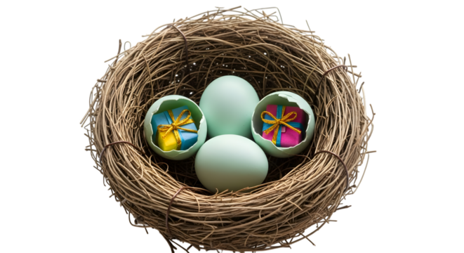 Easter eggs with colorful surprises inside a natural bird s nest on a black background