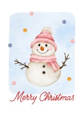 Smiling watercolor snowman in pink hat and scarf with Merry Christmas text on white. Perfect for holiday greeting cards, posters and winter festive projects.