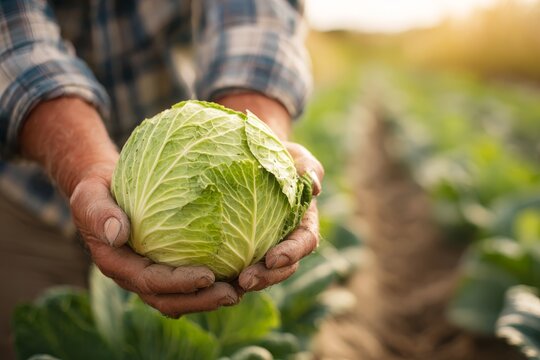 A farmer holds a fresh cabbage in his hands in the field, showcasing the harvest and agricultural practices, with sunlit background in the organic farm.