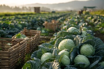 A serene view of a cabbage field at sunrise with dew drops, full of fresh green cabbages ready for harvest and wicker baskets in foreground.
