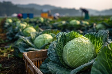 Fototapeta premium A bountiful cabbage harvest with rows of ripe heads ready for market in a field, showcasing agricultural richness and the beauty of fresh produce.