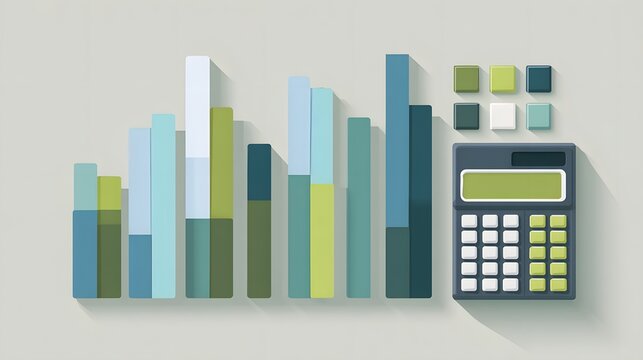 Colorful stacked bar chart display sits beside a modern calculating device and color palette swatches