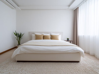 Fototapeta premium A cozy modern bedroom with minimalist design, white walls