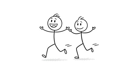 A simple black and white drawing of two happy stick figure friends running and holding hands.