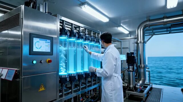 Technician performing routine checks on reverse osmosis filters ensuring optimal seawater desalination efficiency in a hightech water treatment facility.