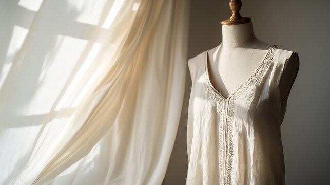 Sleeveless kurti with subtle minimalist embroidery running down one side placed on a dress form with a softly draped silk fabric in the background bathed in natural light