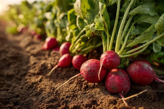A close-up of fresh radishes with green leaves growing in the field, illuminated by the soft glow of the sun, presenting a vibrant scene of agriculture and healthy produce.