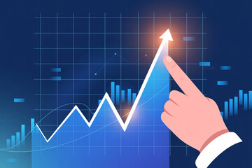 Hand points to upward trending financial chart with increasing bar graphs and rising arrow indicating growth and success in business and investment on a blue grid background
