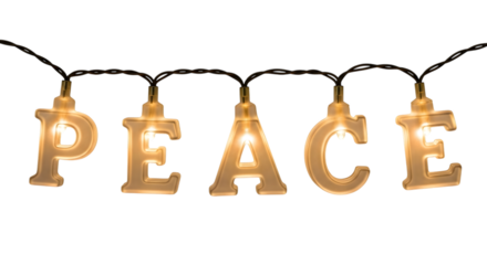 Illuminated peace letters strung together as a decorative light string against a dark background