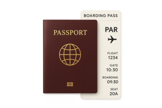 Passport and boarding pass for international travel concept