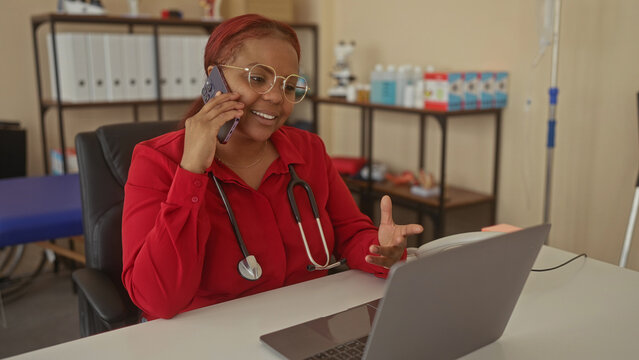 Woman calling on phone with stethoscope in office at desk with laptop and microscope on shelf; professionalism.