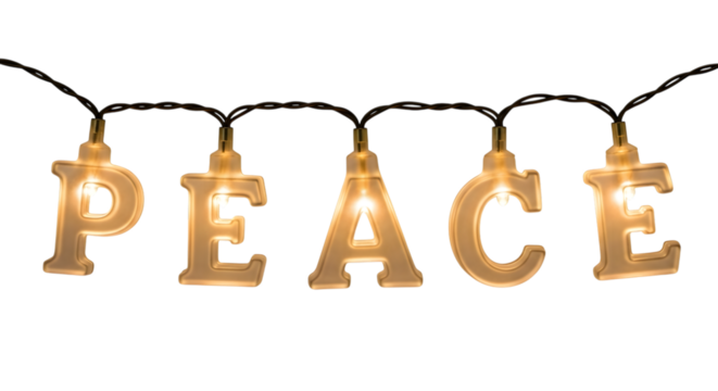 Illuminated peace letters strung together as a decorative light string against a dark background